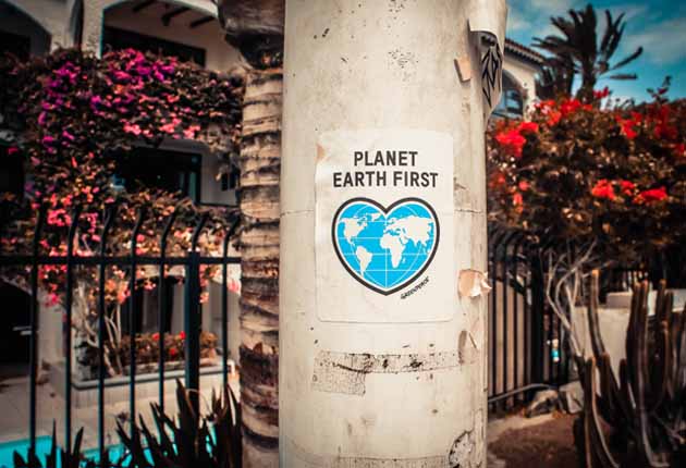 Columna con un cartel en el que pone planet earth first con un jardín de fondo